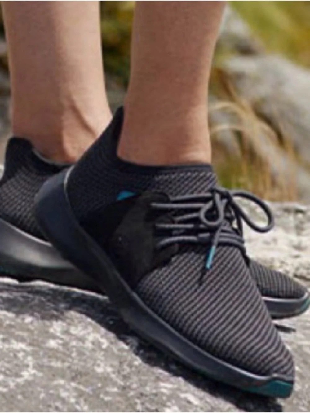 Black Knit Lace-Up Athletic Sneakers with Teal Accents